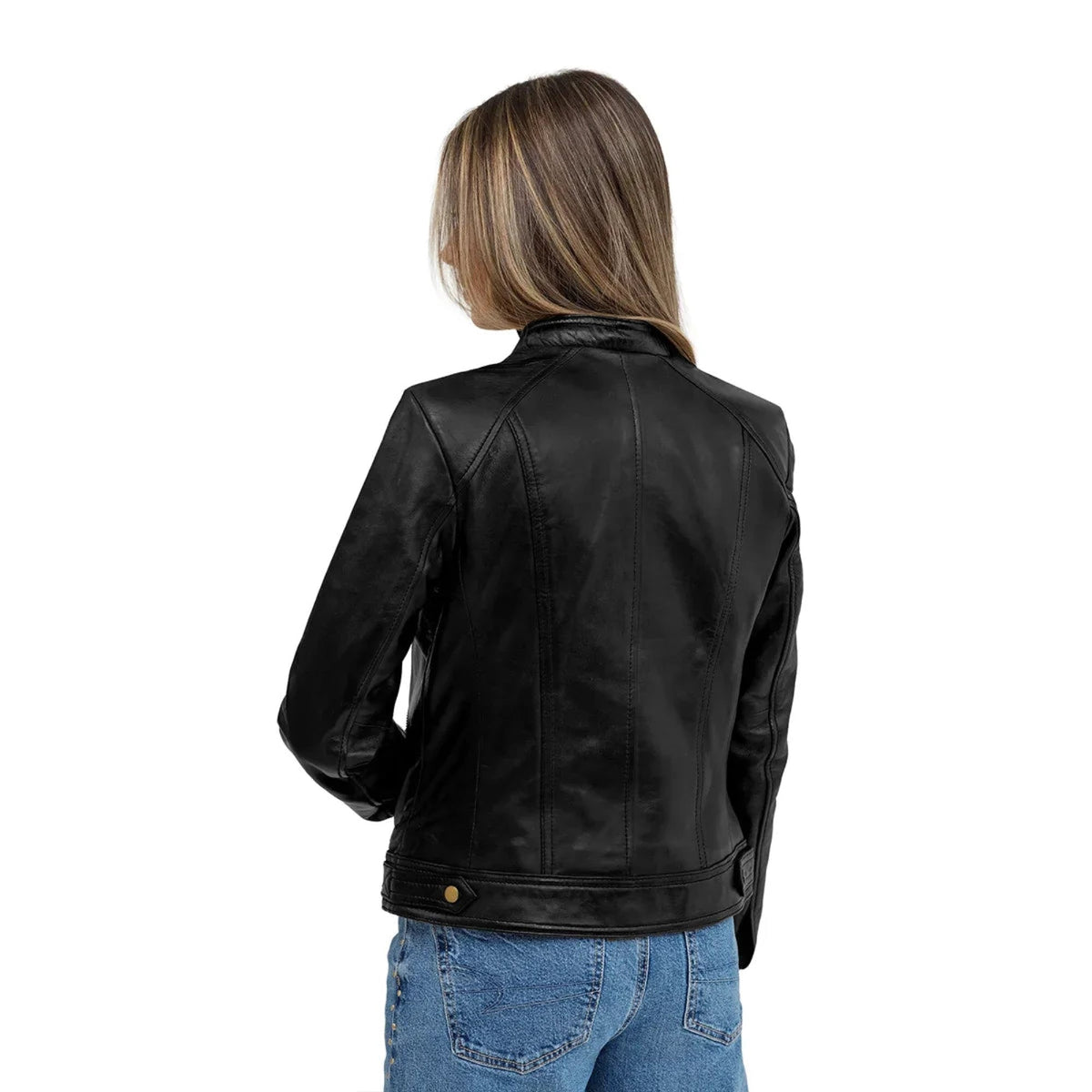Whet Blu NYC Sara women's classic black leather jacket on model
