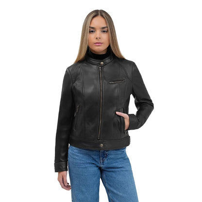Whet Blu NYC Sara women's classic black leather jacket modeled view