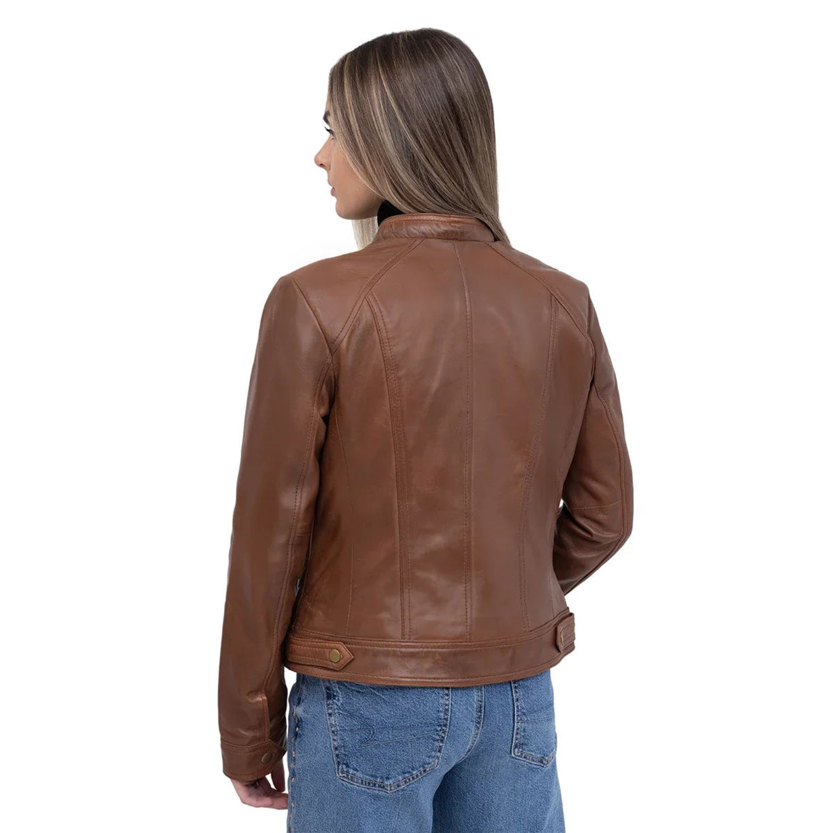 Whet Blu NYC Sara women's classic whiskey leather jacket on model