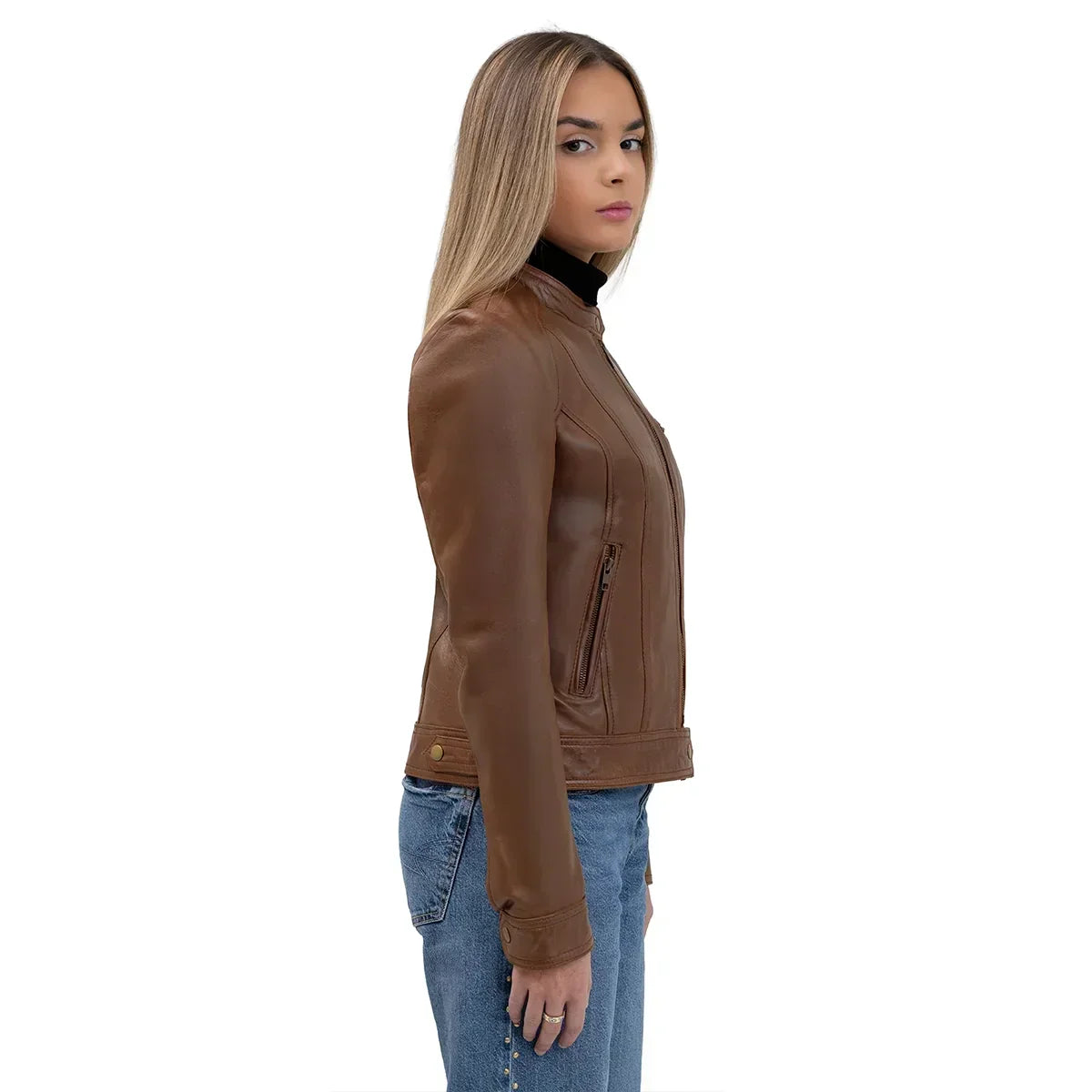 Whet Blu NYC Sara women's classic whiskey leather jacket on model