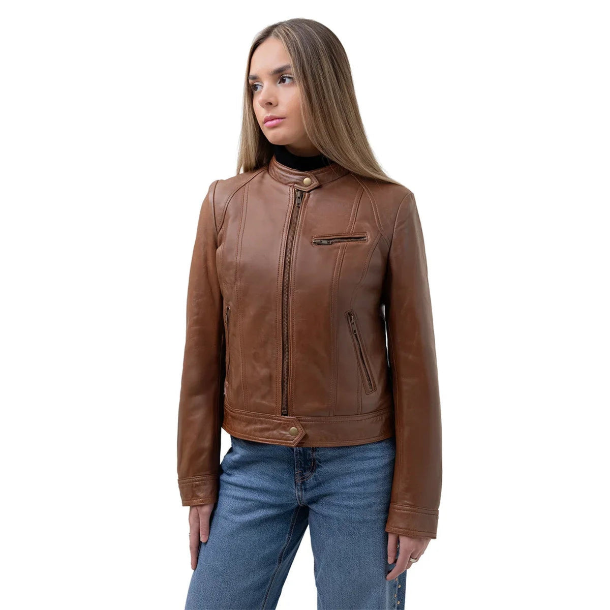 Whet Blu NYC Sara women's classic whiskey leather jacket on model