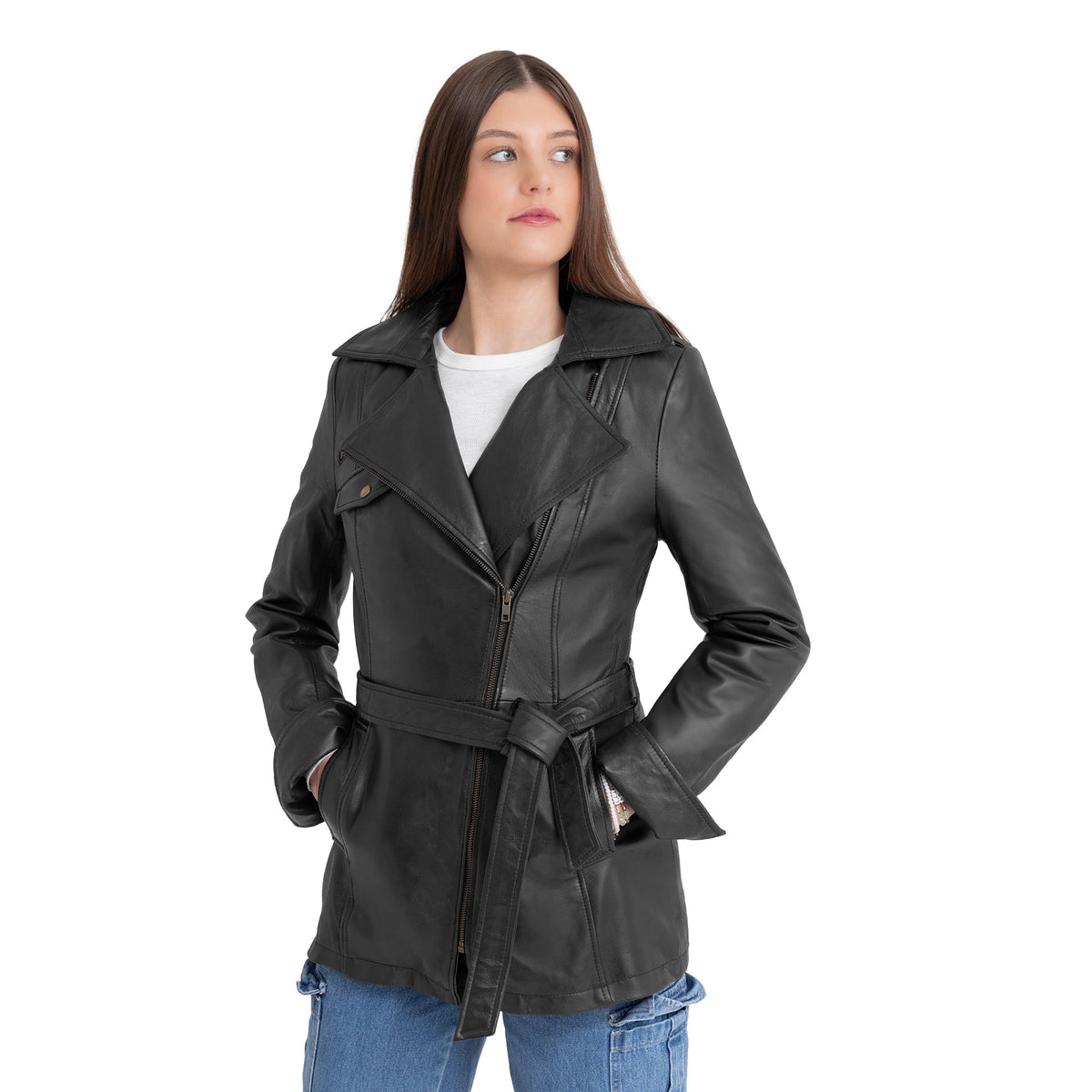 Whet Blu NYC Juliette women's asymmetrical black leather trench coat jacket full view