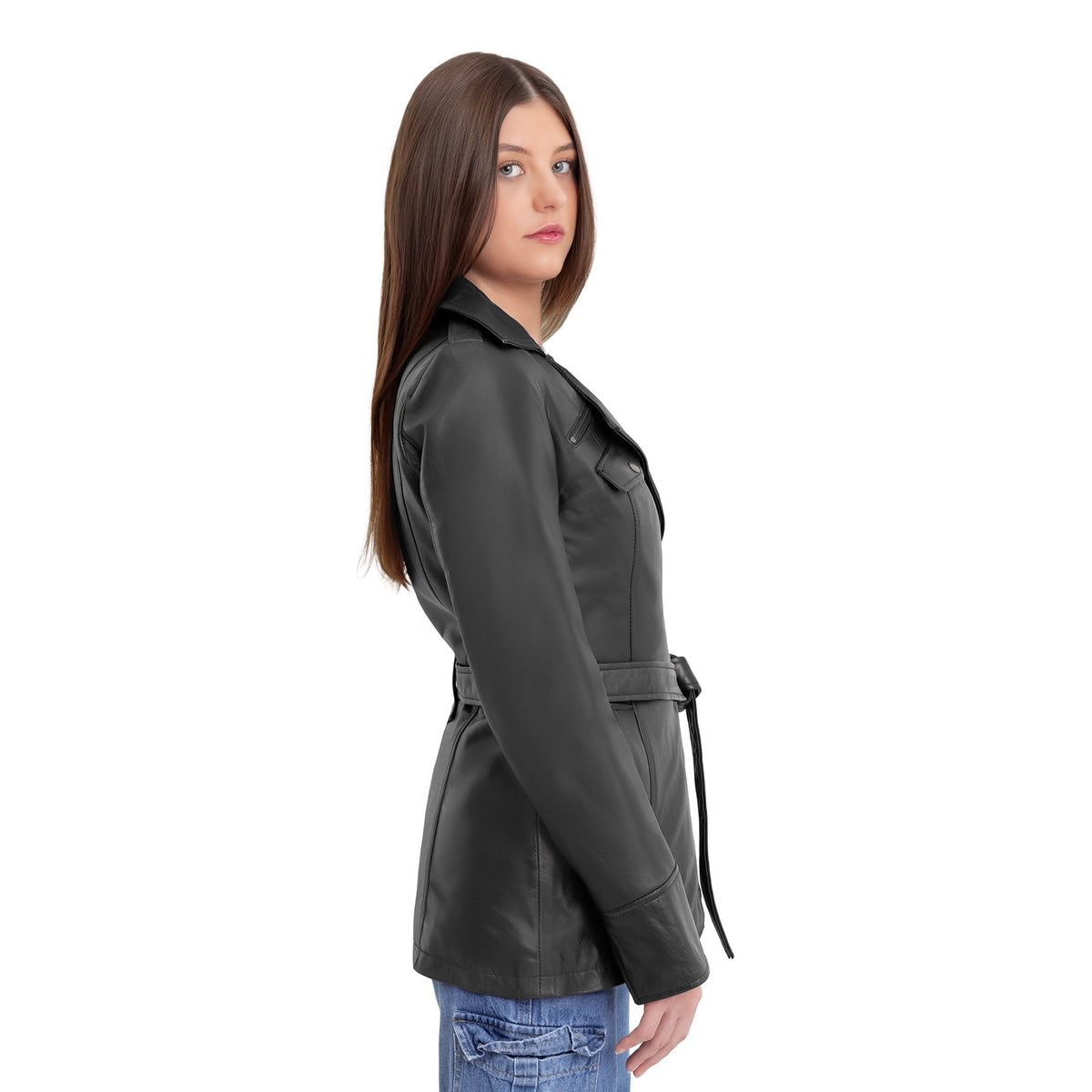 Whet Blu NYC Juliette women's black asymmetrical leather trench coat, front view