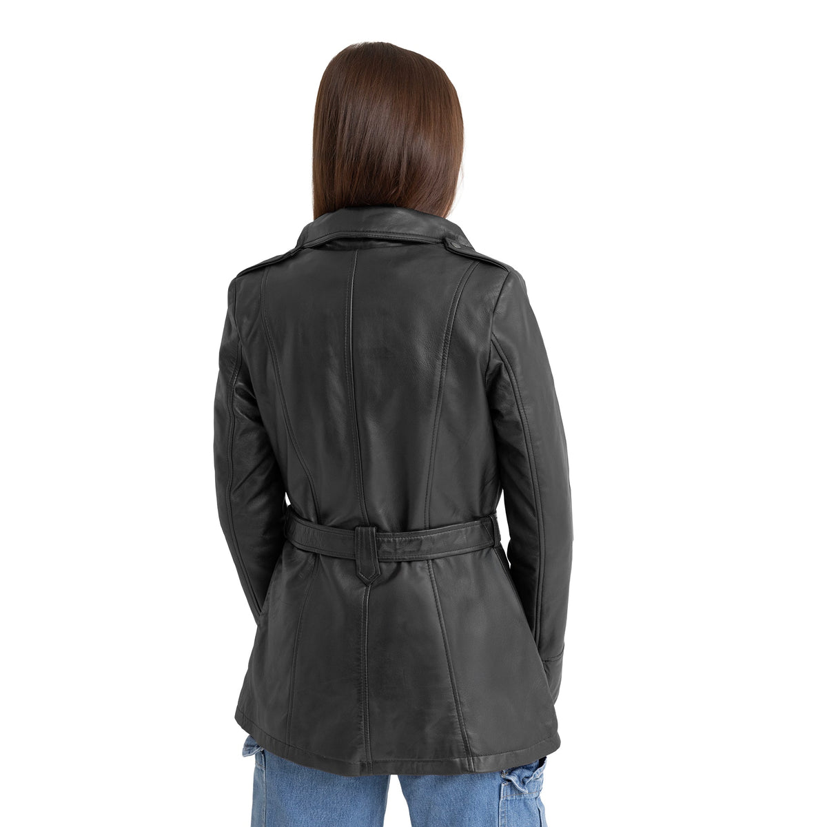 Whet Blu NYC Juliette women's asymmetrical black leather trench coat jacket front view