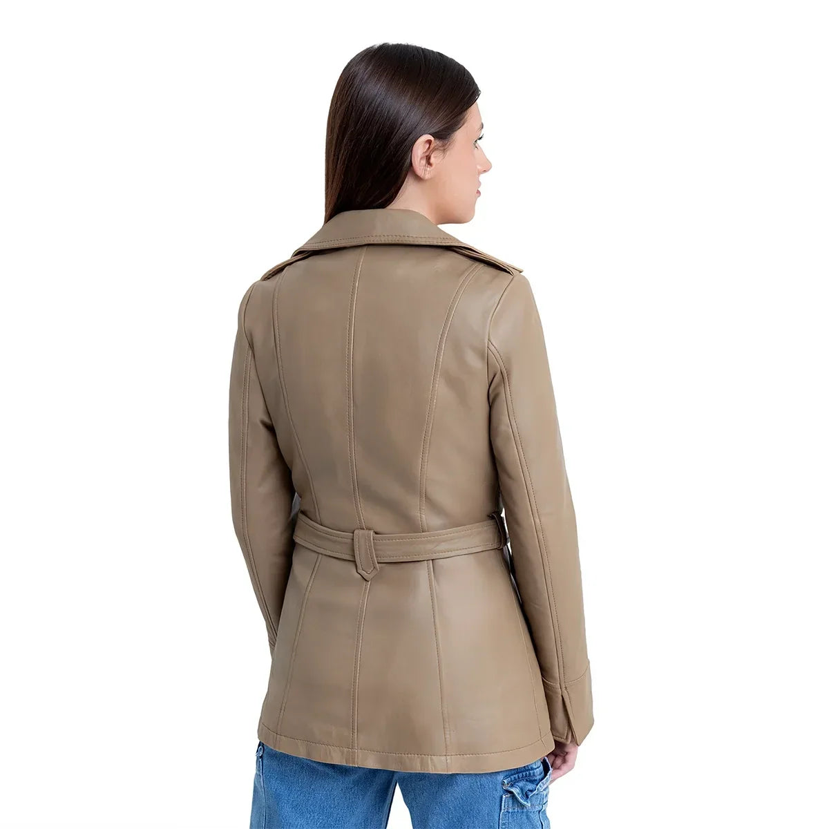 Whet Blu NYC Juliette women's asymmetrical camel leather trench coat, front view