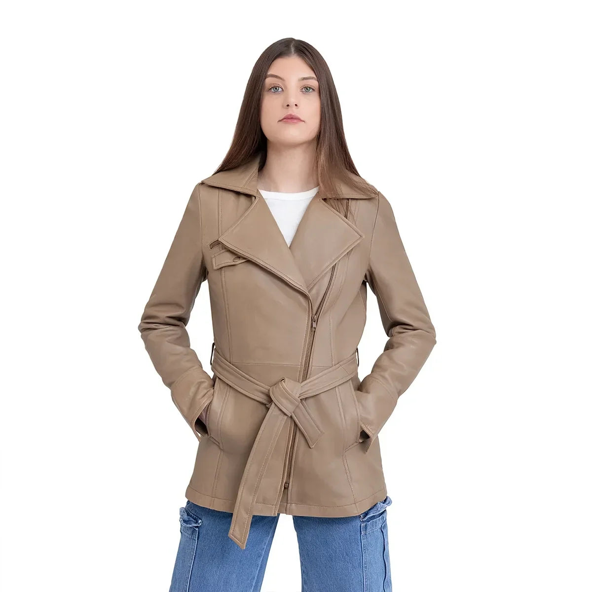 Whet Blu NYC Juliette women's camel leather trench coat with asymmetrical front closure