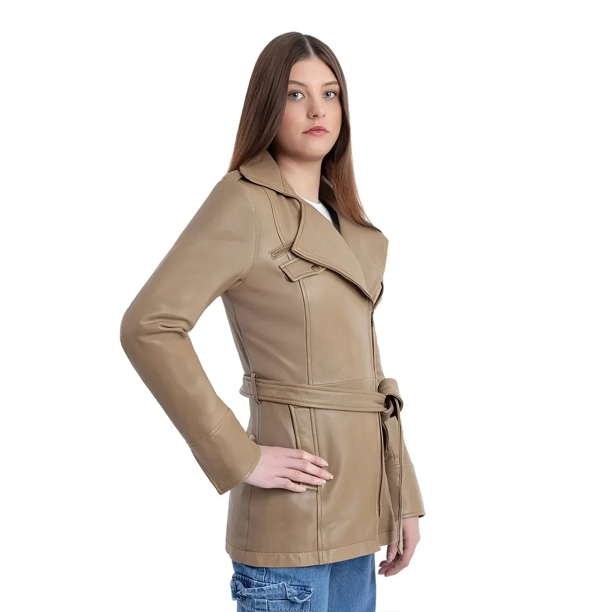 Whet Blu NYC Juliette women's camel asymmetrical leather trench coat front view