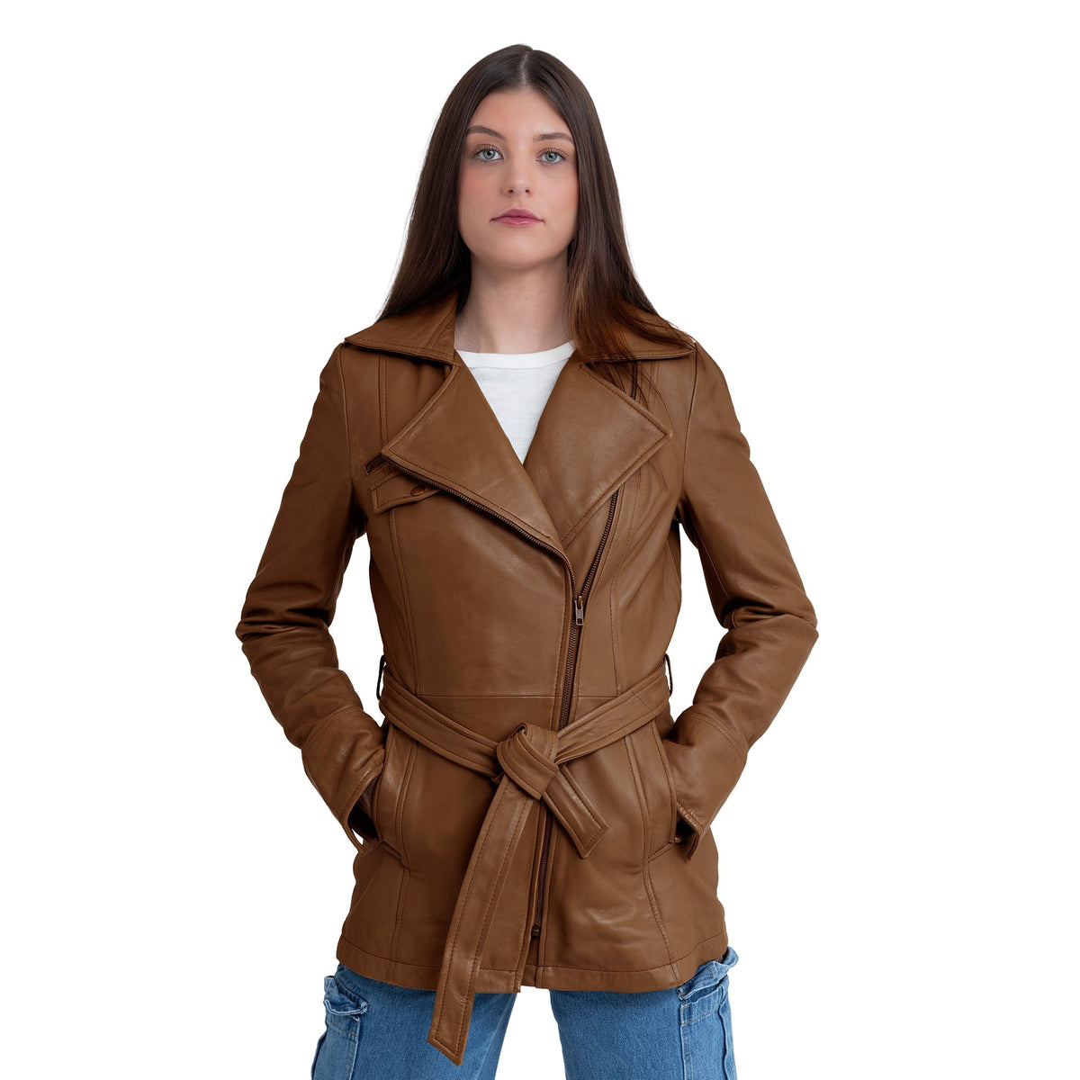 Whet Blu NYC Juliette women's asymmetrical dark cognac leather trench coat jacket