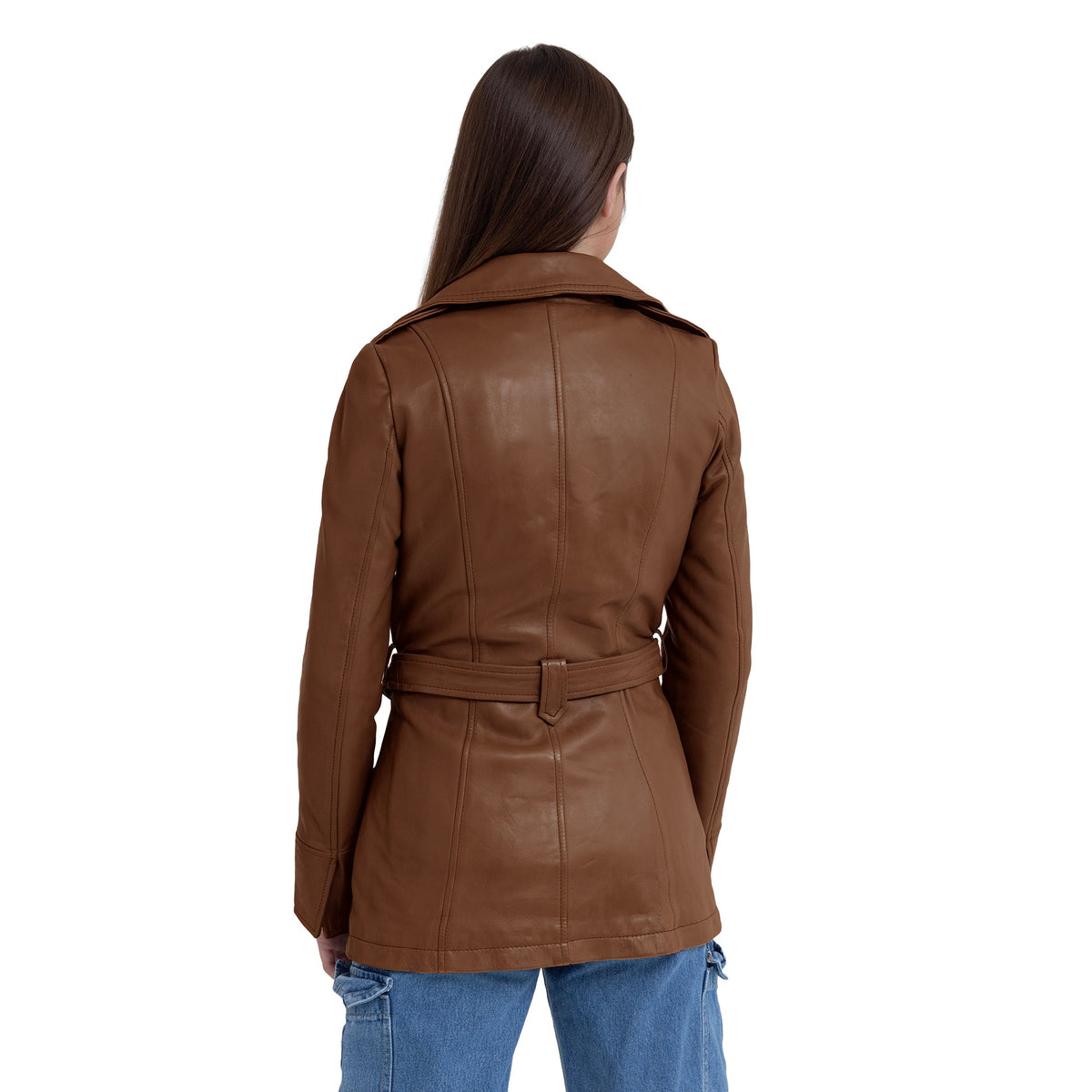 Whet Blu NYC Juliette women's dark cognac asymmetrical leather trench coat with belted waist