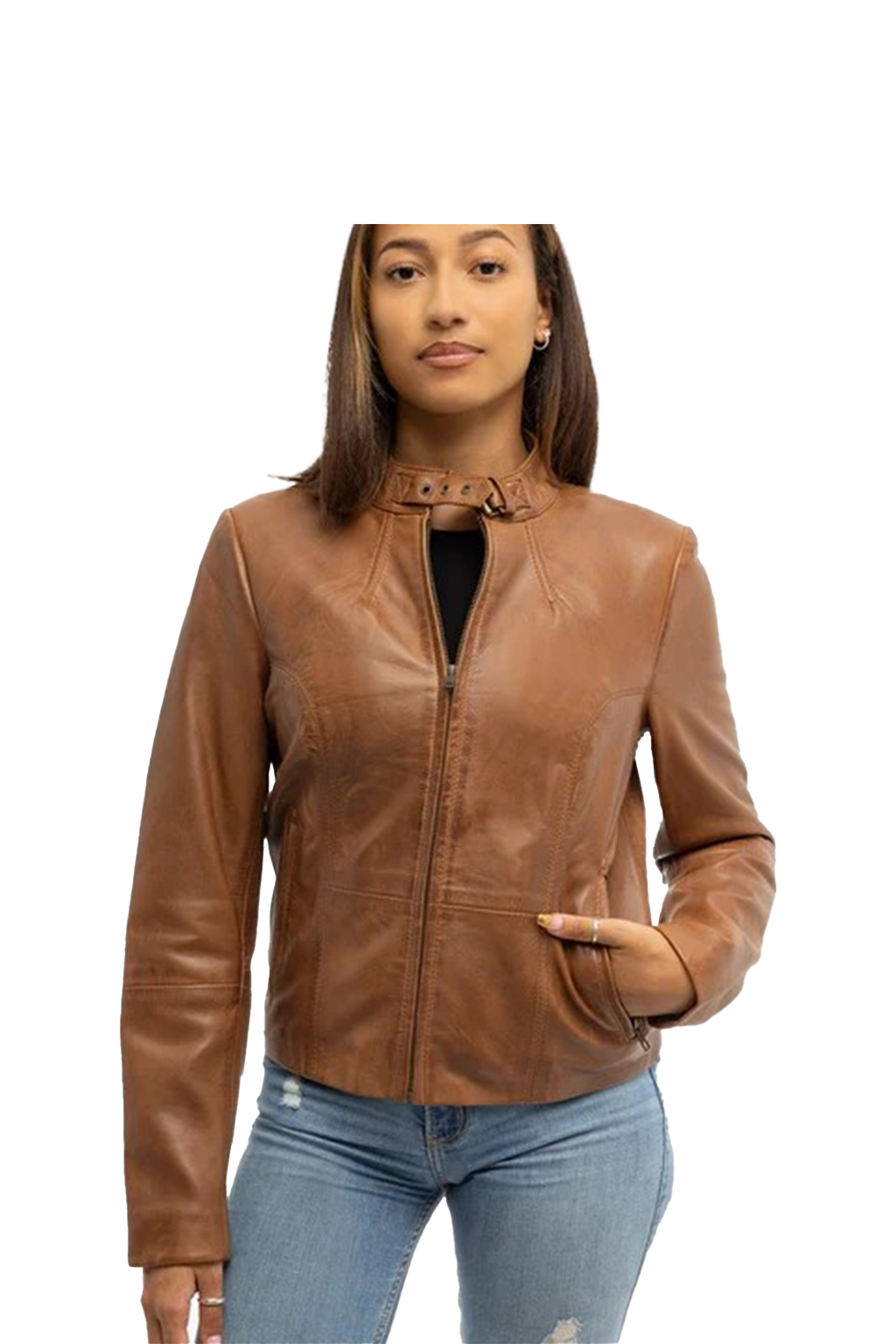 Whet Blu NYC Rexie women's fashion leather jacket in dark cognac brownason