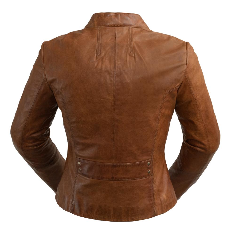 Whet Blu NYC Rexie women's fashion leather jacket in dark cognac brown suede-style finish