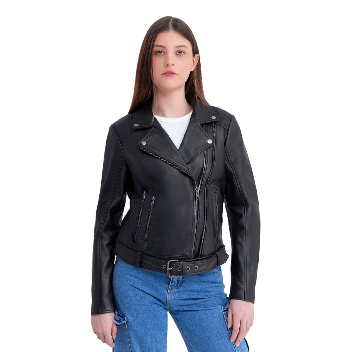 Whet Blu NYC Adeline women's black lambskin asymmetrical leather jacket with zip front and long sleeves