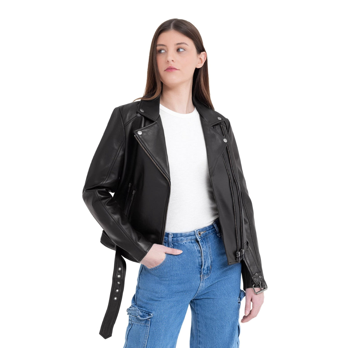 Whet Blu NYC Adeline women's black lambskin asymmetrical leather jacket with angled zipper and tailored fit