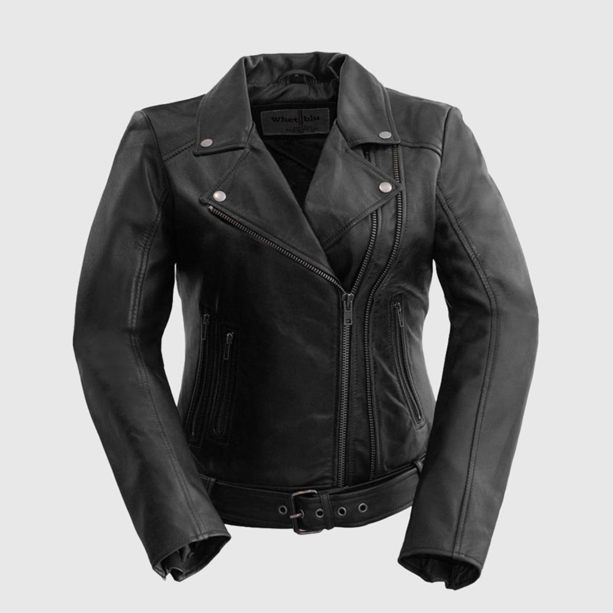Whet Blu NYC Adeline women's black lambskin asymmetrical leather jacket front view