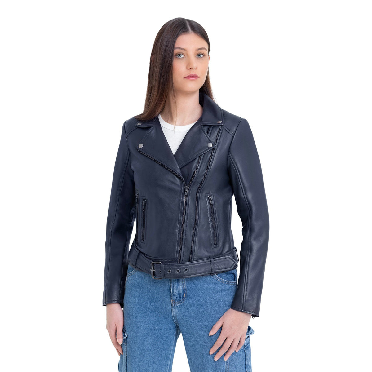 Whet Blu NYC Adeline women's blue lambskin asymmetrical leather jacket front view