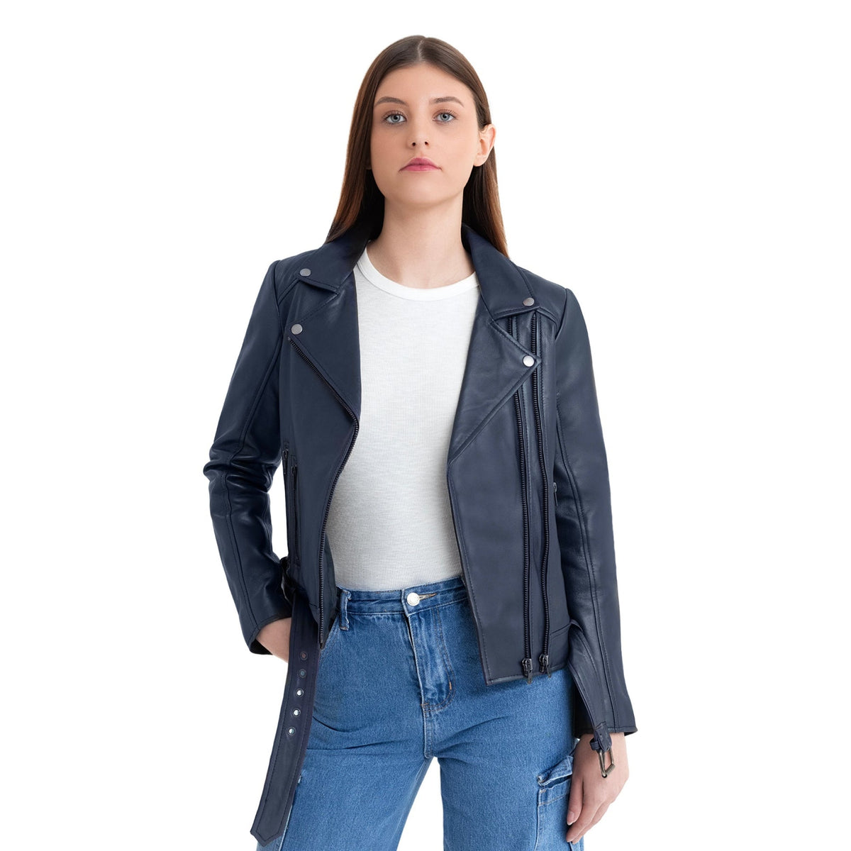 Whet Blu NYC Adeline women's blue lambskin asymmetrical leather jacket with angled zip front