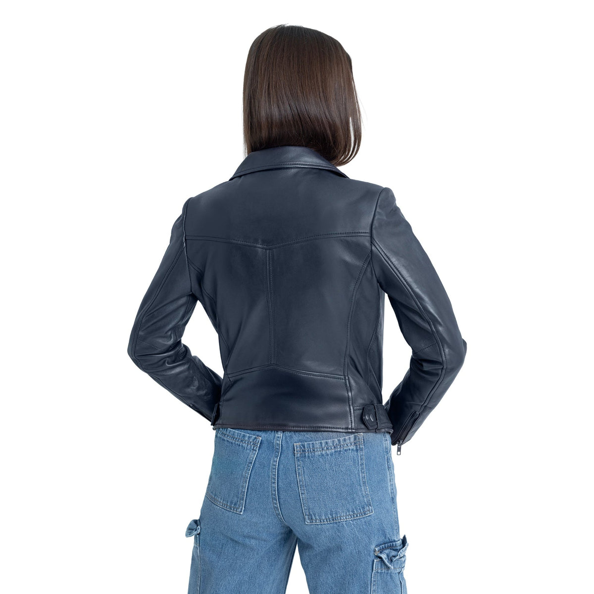 Whet Blu NYC Adeline women's blue lambskin asymmetrical leather jacket with zip front