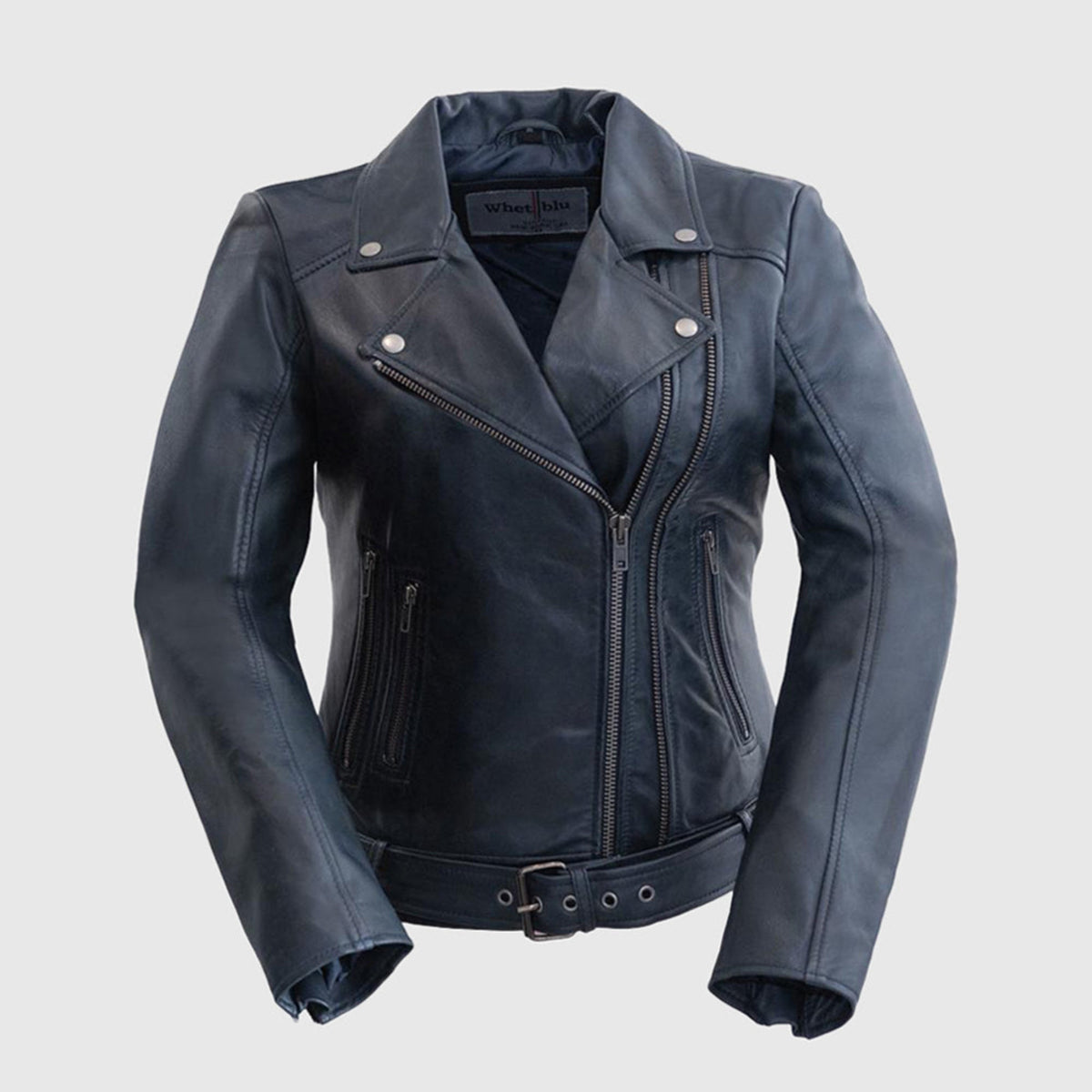 Whet Blu NYC Adeline women's blue lambskin asymmetrical leather jacket with zip closure and fitted silhouette