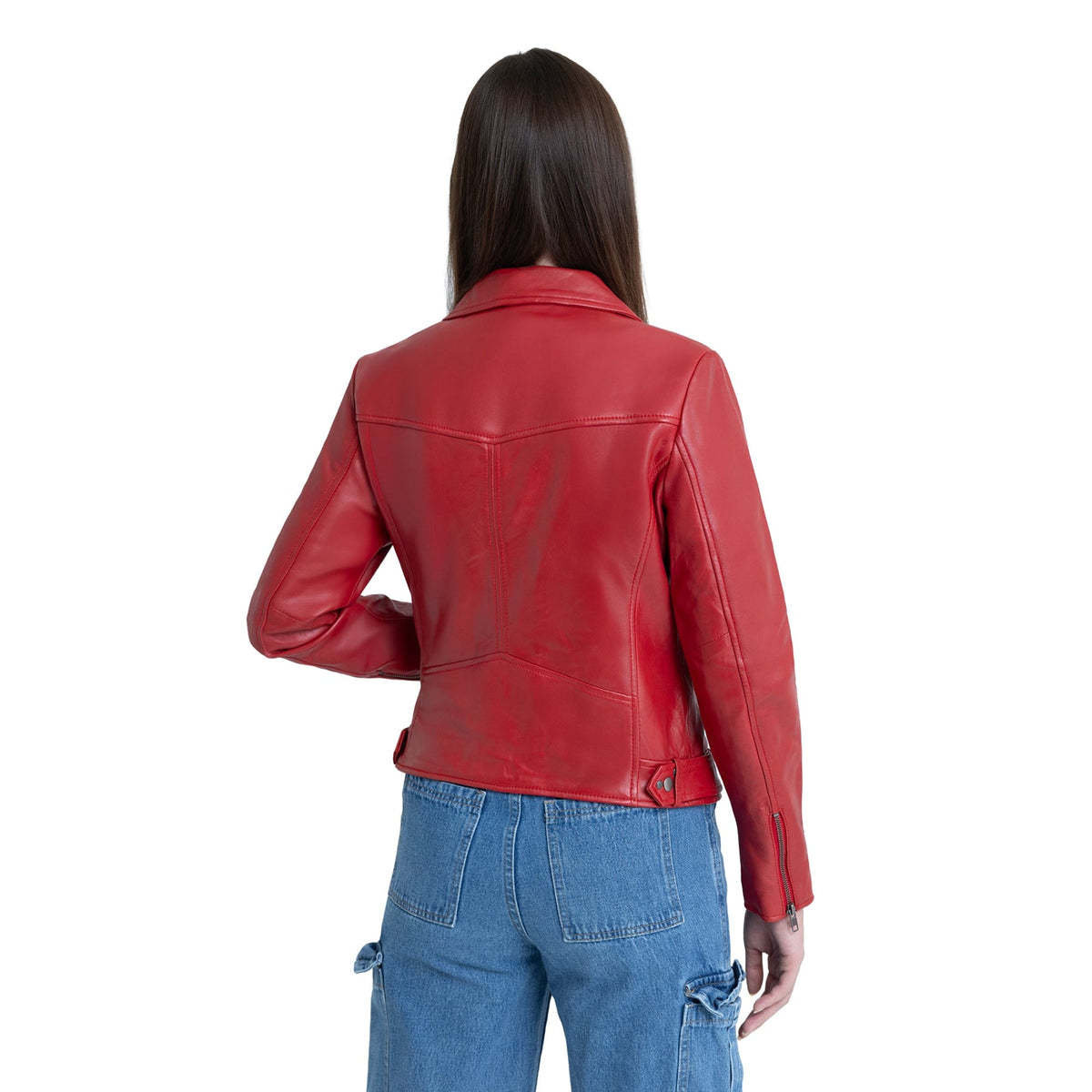 Whet Blu NYC Adeline women's fire red lambskin asymmetrical leather jacket, back view