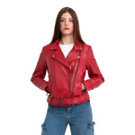 Whet Blu NYC Adeline women's fire red lambskin asymmetrical leather jacket front view