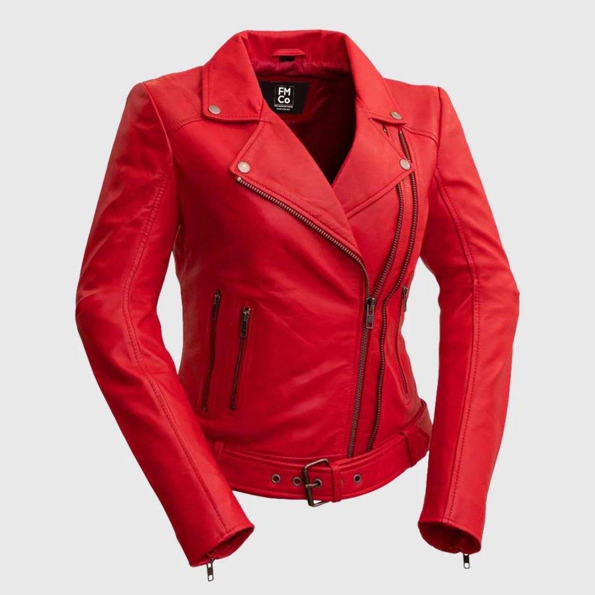 Whet Blu NYC Adeline women's fire red lambskin asymmetrical leather jacket front view