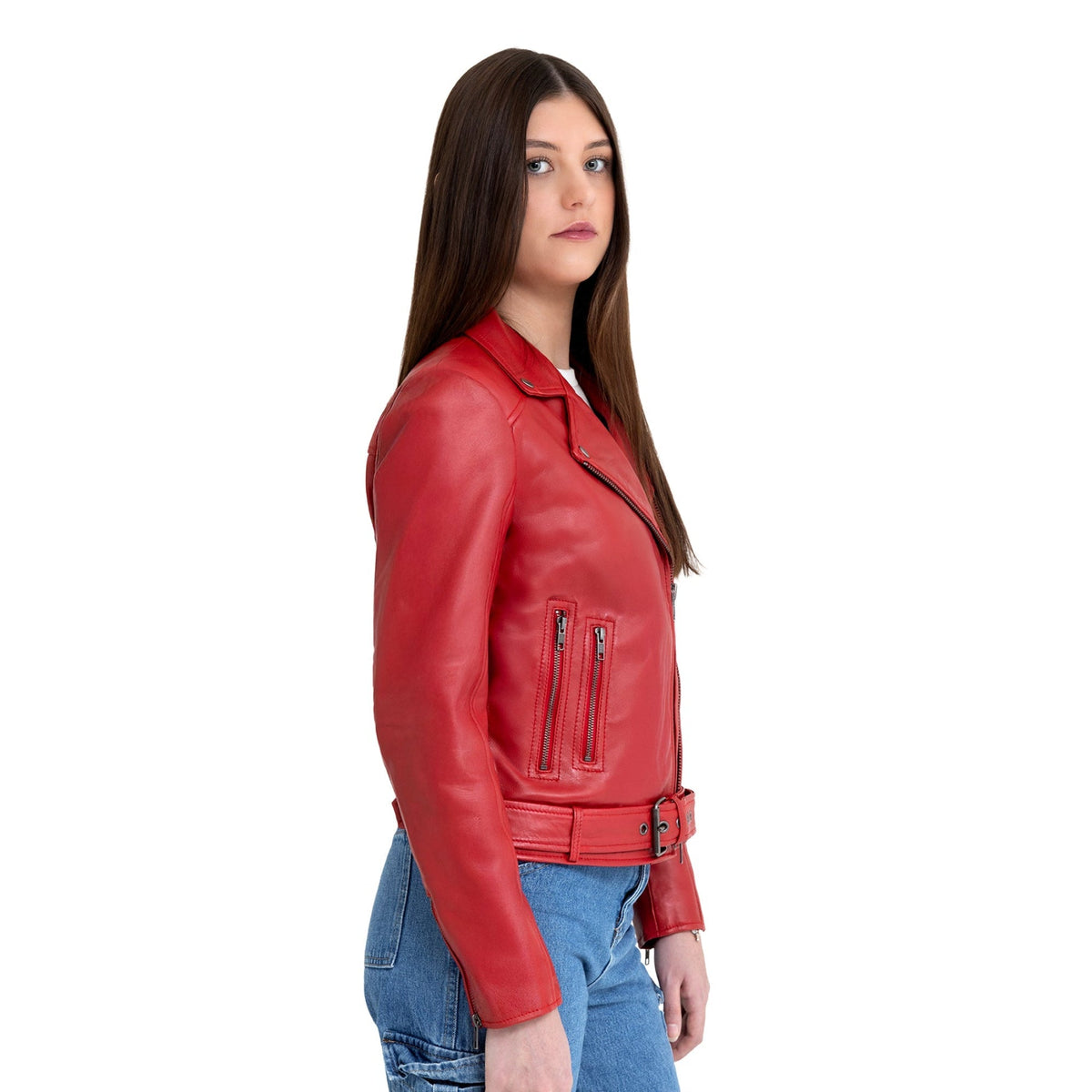 Whet Blu NYC Adeline women's fire red lambskin asymmetrical leather jacket, side view