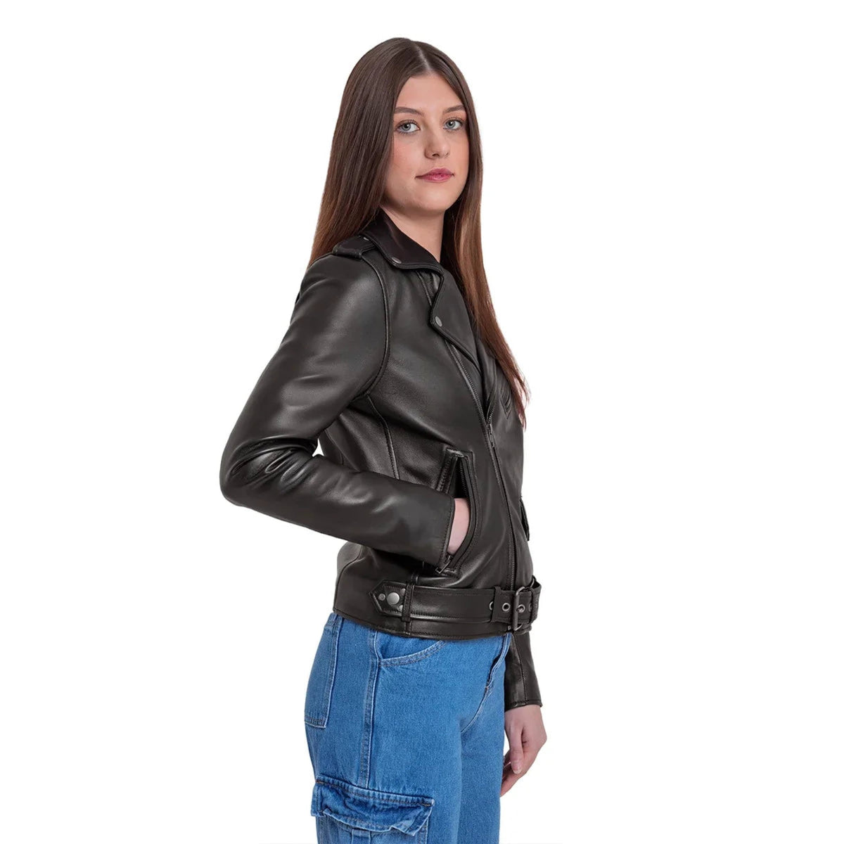 Whet Blu NYC Sophia women's black lambskin leather biker jacket, side view