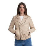Whet Blu NYC Sophia women's lambskin leather biker jacket in oil sand, front view