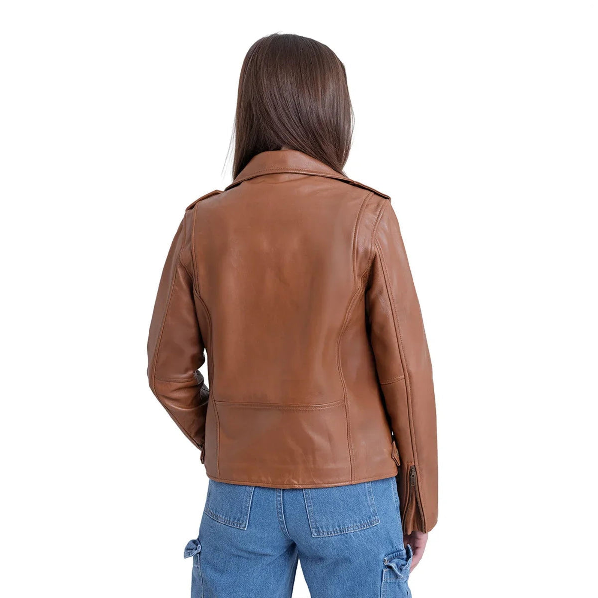Whet Blu NYC Sophia women's lambskin leather biker jacket in whiskey, back view