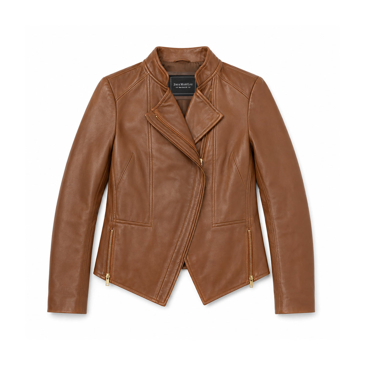 Whet Blu NYC Claire women's whiskey lambskin asymmetrical leather jacket front view