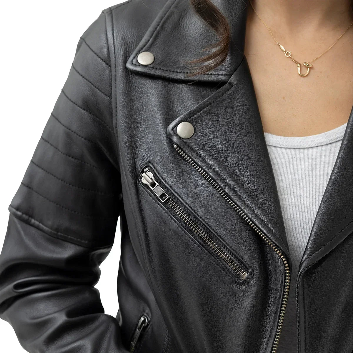Whet Blu NYC Elizabeth women's black lambskin leather moto jacket worn by model