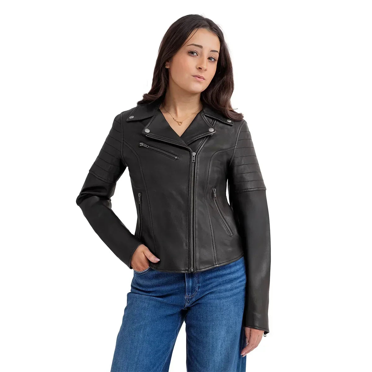 Whet Blu NYC Elizabeth women's black lambskin leather moto jacket worn by model