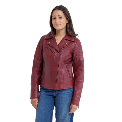 Whet Blu NYC Elizabeth women's oxblood lambskin leather moto jacket front view