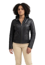 Whet Blu NYC April women's lambskin fashion leather jacket in black, front view