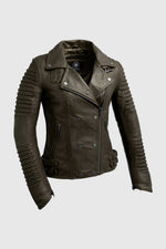 Whet Blu NYC Queens women's army green fashion moto leather jacket 񟿿