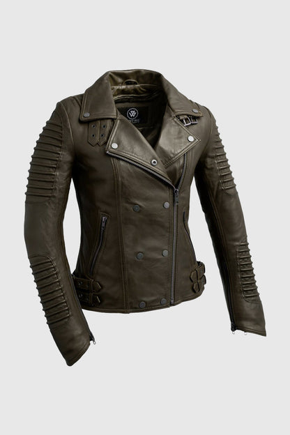 Whet Blu NYC Queens women's army green fashion moto leather jacket 񟿿