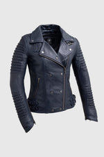 Whet Blu NYC Queens women's navy blue fashion moto leather jacket front view
