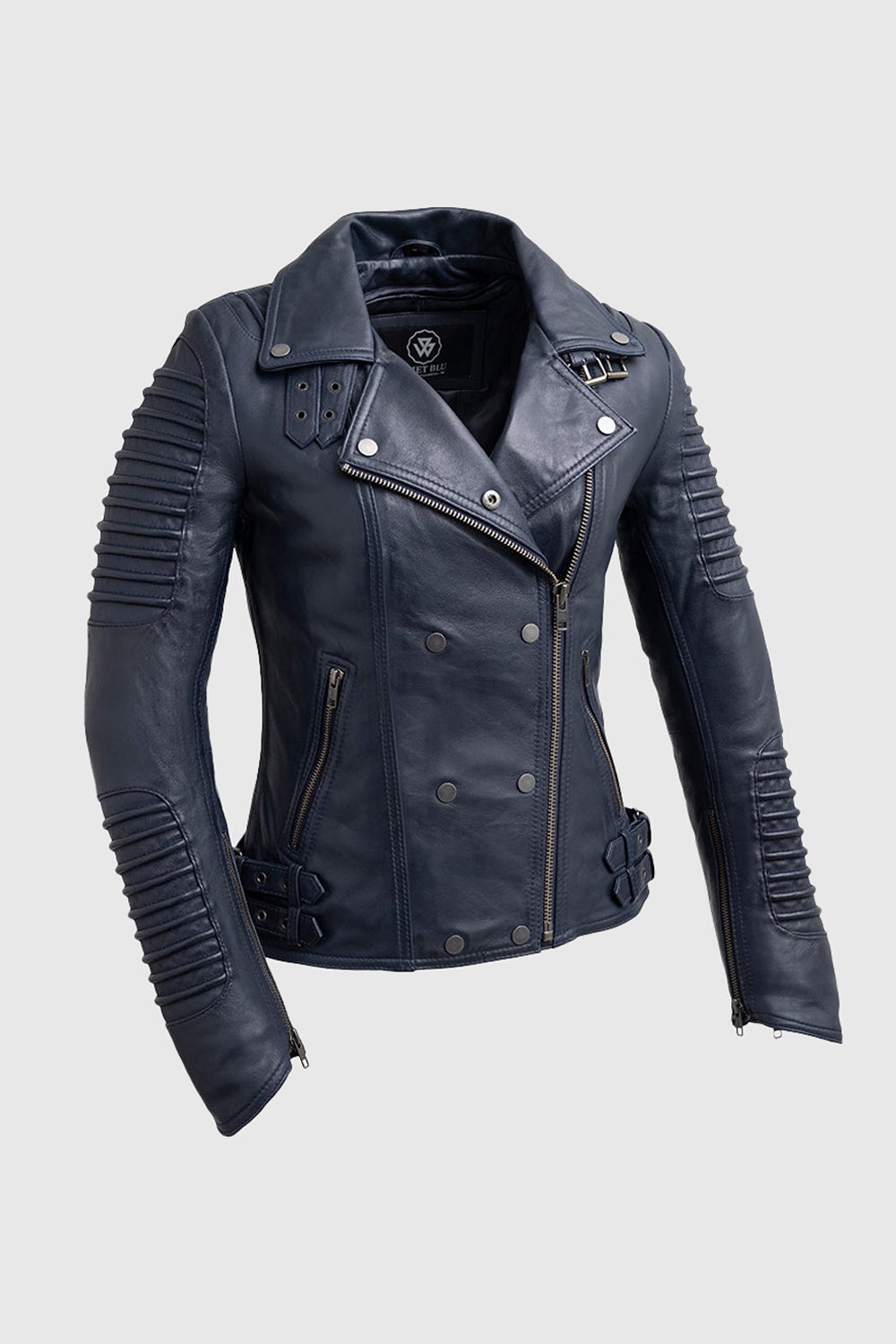 Whet Blu NYC Queens women's navy blue fashion moto leather jacket front view