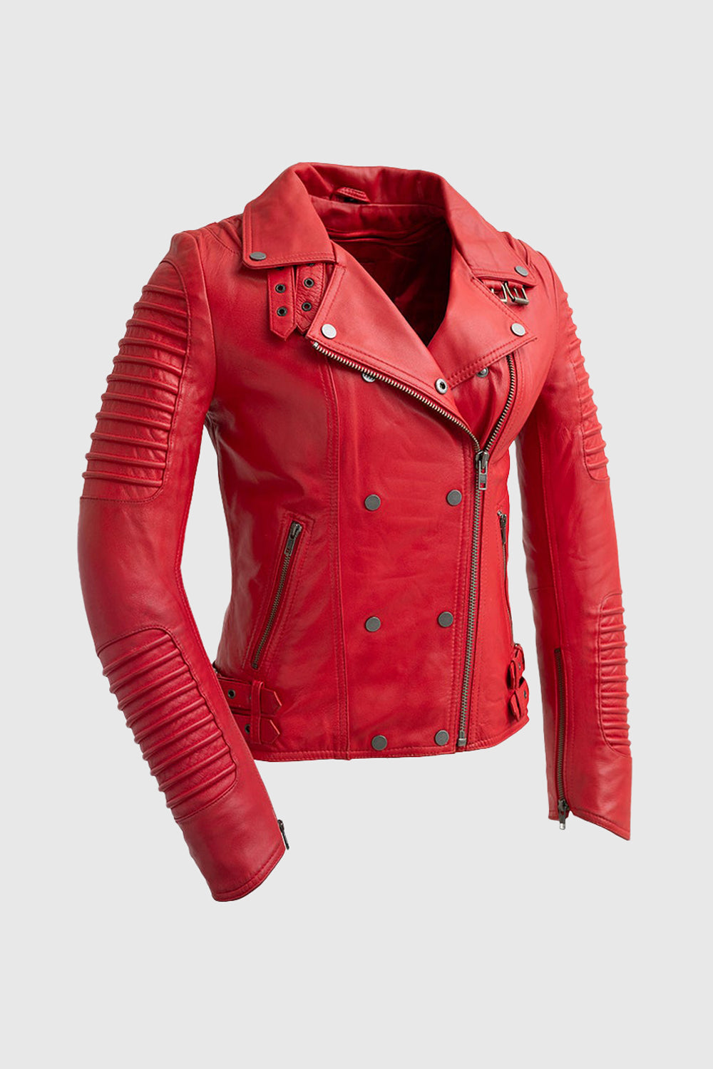 Whet Blu NYC Queens women's fire red fashion moto leather jacket, front view