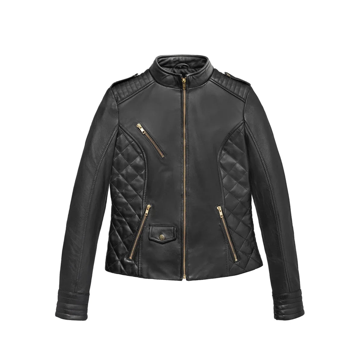 Whet Blu NYC Alessandra women's black lambskin moto jacket, front view