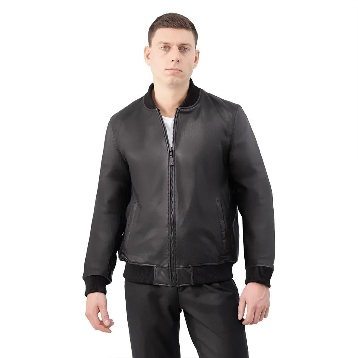 Whet Blu NYC Nico men's varsity style New Zealand lambskin leather jacket in front view