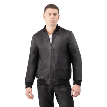 Whet Blu NYC Nico men's varsity style New Zealand lambskin leather jacket in front view