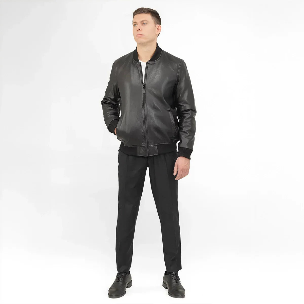Whet Blu NYC Nico men's varsity style New Zealand lambskin leather jacket in black and white, front view