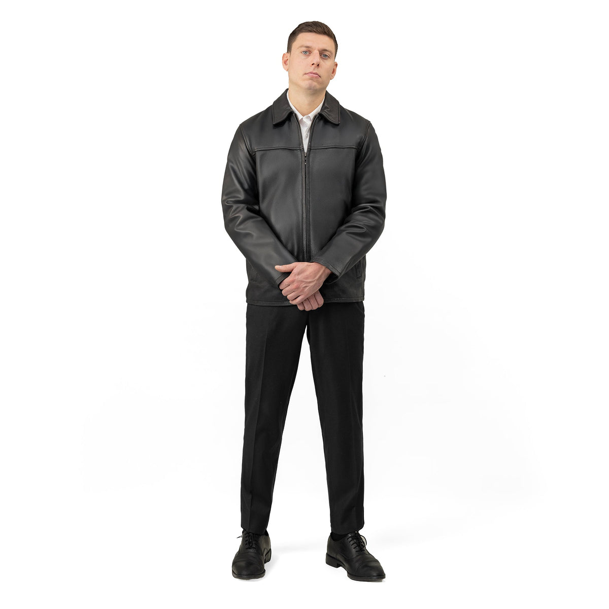 Whet Blu NYC James men's black leather blazer jacket front view