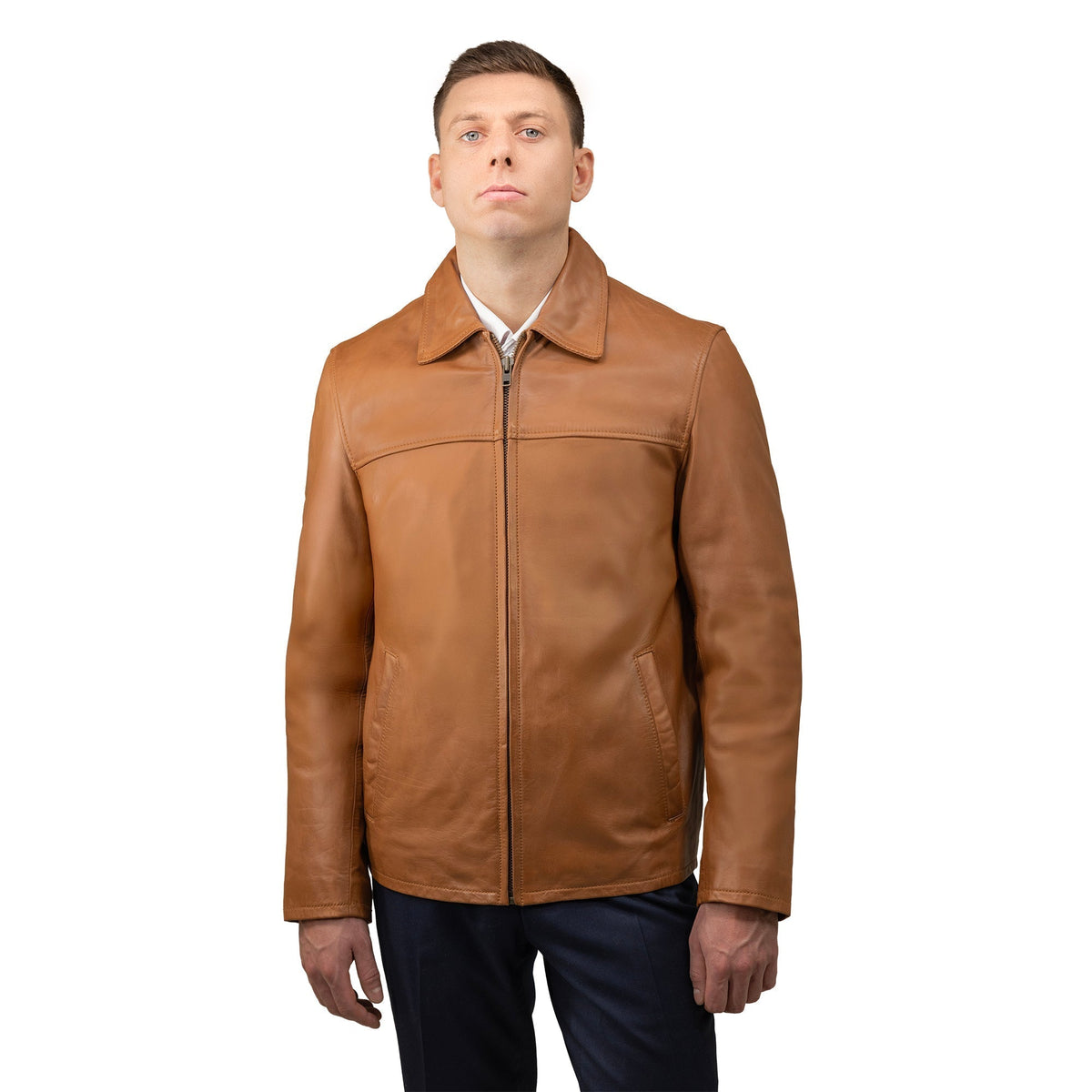 Whet Blu NYC James men's whiskey leather blazer jacket front view