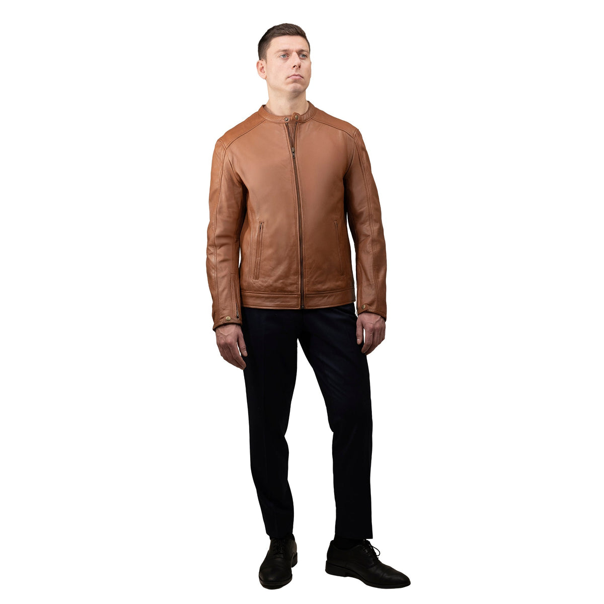 Whet Blu NYC Lucas men's lambskin leather moto jacket in whiskey brown, front view