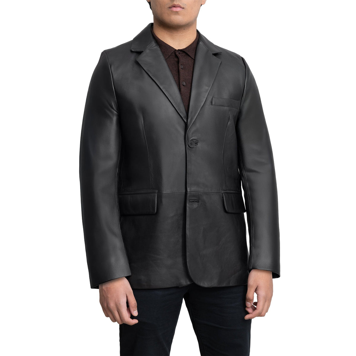 Whet Blu NYC men's black leather blazer, front view