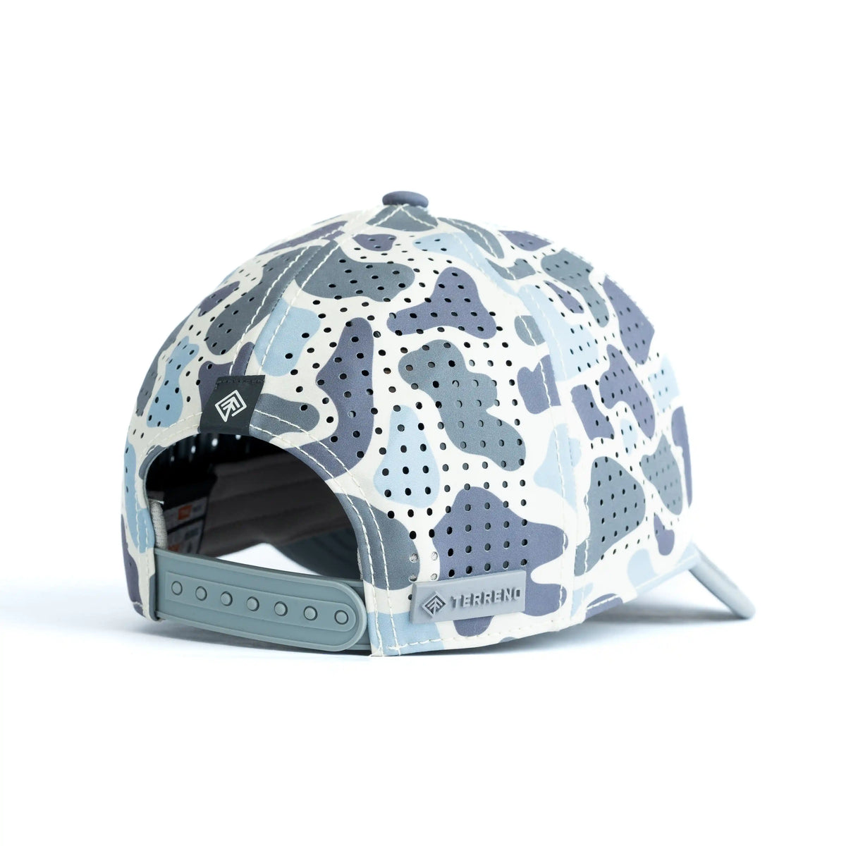 Terreno Hats Ridge Wetland Camo cap featuring a woodland camouflage pattern and adjustable strap.