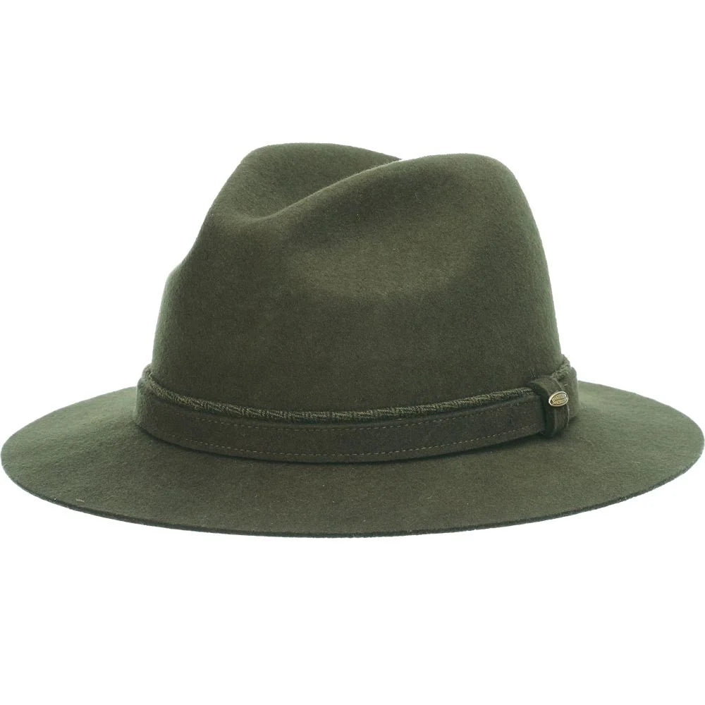 Scala Victoria olive wool felt fedora hat by HatCountry, three-quarter view