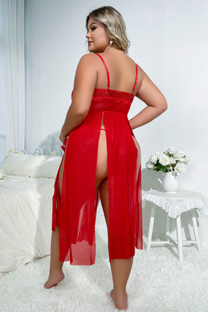 Plus size red flyaway split babydoll lingerie with back view, featuring lightweight fabric and delicate design from 3wishes.com.